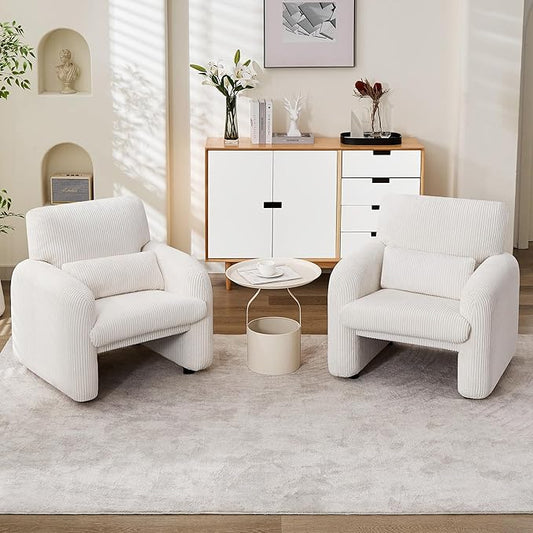 Modern Accent Chairs Set of 2 Comfy Upholstered Corduroy Armchair Stylish Lounge Reading Chair for Living Room Bedroom Beige