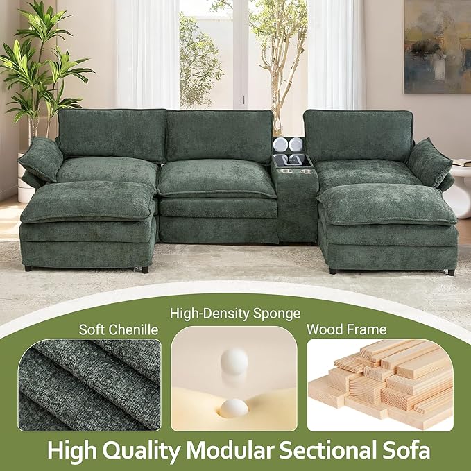 124 Cloud Couch Sectional Modular Sectional Sofa with Speakers Modern U Shaped Couches for Living Room Comfy Chenille Deep Sofas with Console Charging Station Cup Holders (Dark Green) | Easy Ass