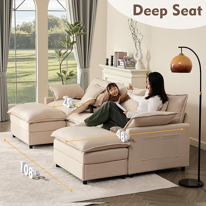 108 U Shaped Couch Modular Sectional Sofa 3-Seater Comfy Cloud Couch Set of Modular Pieces with Movable Ottoman Deep Seat Couches for Living Room Linen Beige