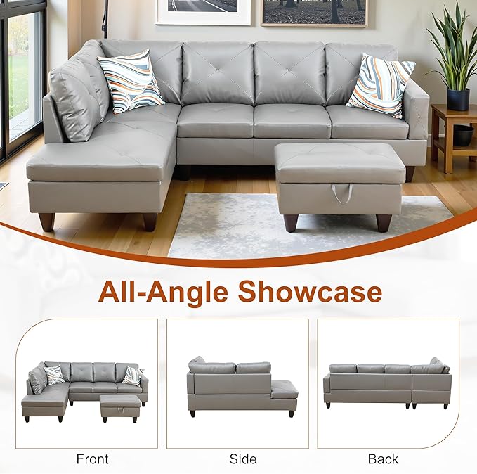 L Shaped Couch Faux Leather Sectional Couches for Living Room Upholstered 3 Pieces Modular Sectional Sofa with Chaise Ottoman with Storage for Living Room and Small Apartment Dark Grey