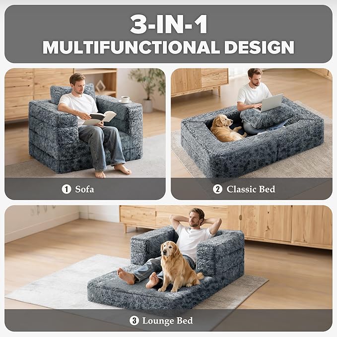 HABUTWAY Convertible Sofa Bed 3-in-1 Futon Sofa Bed with Pillow Foldable Pull Out Floor Sofa Bed with Removable Cover Plush Boneless Couch for Living Room/Bedroom/Dorm