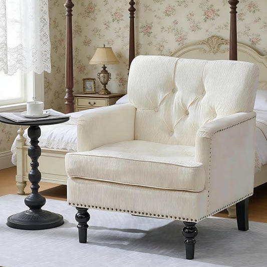 Accent Chair for Living Room Mid-Century Armchairs for Small Spaces Chenille Upholstered Comfy Reading Armchair with Studded for Bedroom (Beige)