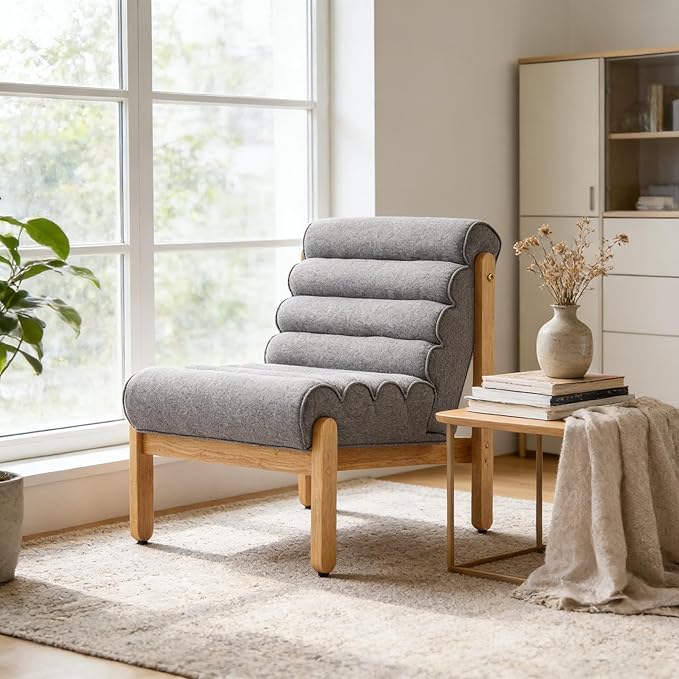 Scott Living Fluffy Low Profile Accent Chair Modern Living Room Armless Lounge Chair Fabric Comfy Reading Chair for Bedroom Wooden Frame and Thick Padded Seat Grey+Natural