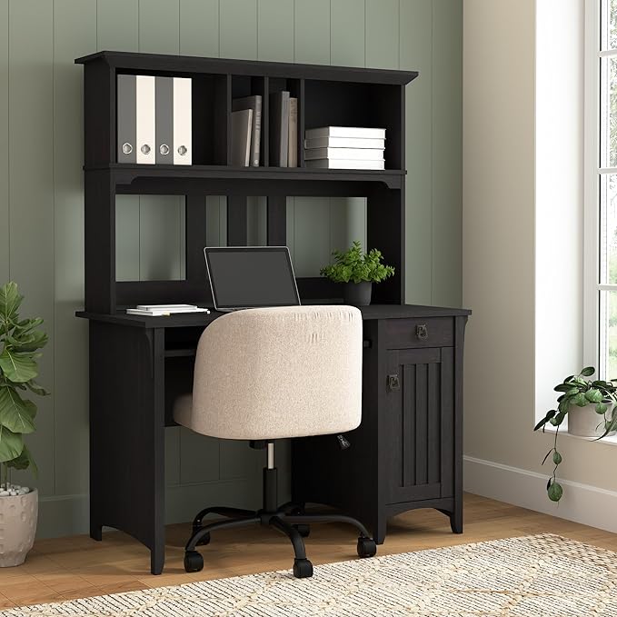 Bush Home Salinas Computer Desk with Hutch | Study Table with Drawers Cabinets &amp Pullout Keyboard/Laptop Tray | Modern Home Office Desk in Vintage Black | Work Desk with Storage