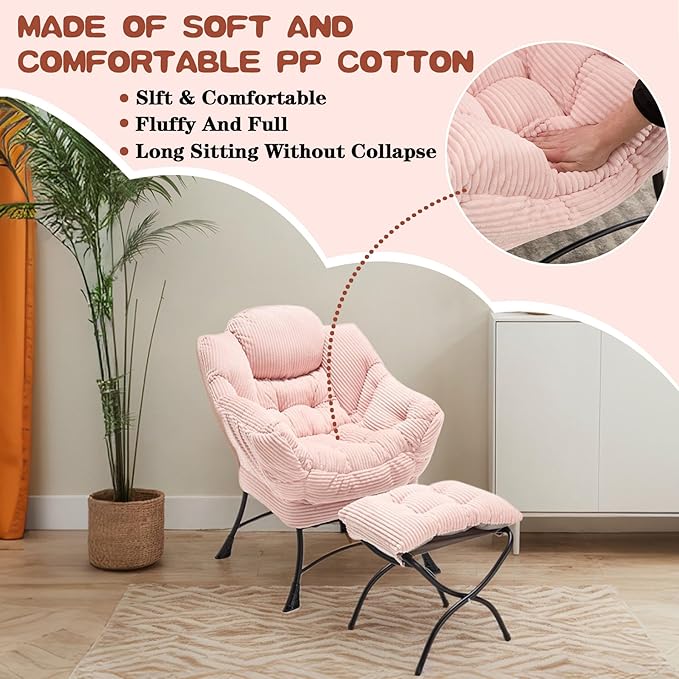 Lazy Chair with Ottoman &amp Storage Pocket Reading Chair for Bedroom Living Room Small Space Comfy Lounge Chairs Steel Frame Oversized Ergonomic Corduroy (Pink)