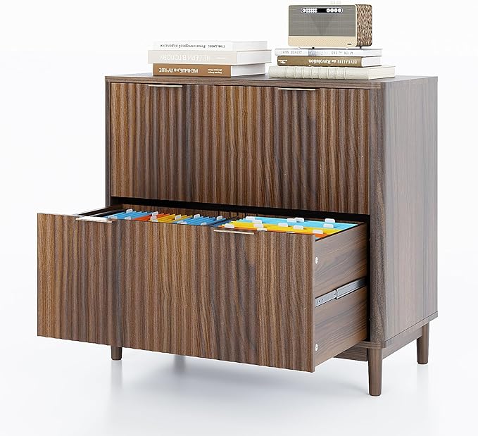 VINGLI 2 Drawer File Cabinet Home Office Filing Organizer for Letter Legal A4 Size File Folder Storage Modern Style Fluted Design Wood Lateral Filing Cabinet Printer Stand Dark Walnut