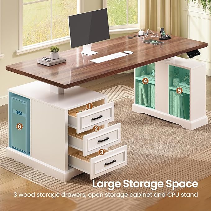SEDETA Farmhouse Electric Standing Desk 63 Height Adjustable Computer Desk with 3 Drawers Storage Shelves Power Outlets Wood Home Office Stand up Desk for Work Study Writing White