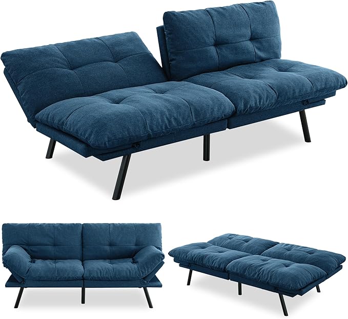 Convertible Futon Sofa Bed71 Modern Fabric Futon Couch with Adjustable Backrest&ampArmrestSmall Loveseat Sleeper SofaDorm Futonsofa for ApartmentLiving RoomDetachable CushionsNavy Blue