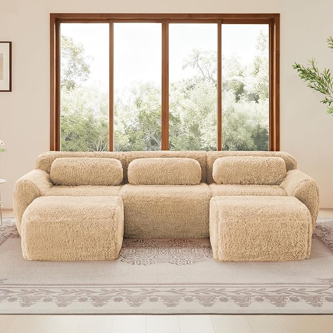 115 Sectional Couches for Living Room Comfy Boneless Couch 3 Seater Cloud Sofa Compressed U Shaped Couch with 2 Ottomans Modern Modular Sectional Plush Floor Sofa No Assembly (Camel)
