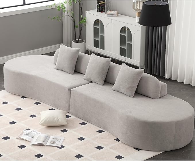 130'' Curved Modular Sectional Long Sofa Modern Cloud Boneless Deep Seat Couch Plush Terry Cloth Compressed Upholstered Lounge Sofa for Living Room No Assembly Required Light Grey 3 Pillows