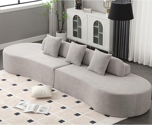 130'' Curved Modular Sectional Long Sofa Modern Cloud Boneless Deep Seat Couch Plush Terry Cloth Compressed Upholstered Lounge Sofa for Living Room No Assembly Required Light Grey 3 Pillows