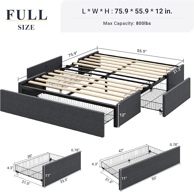 Allewie Full Size Platform Bed Frame with 3 Storage Drawers Fabric Upholstered Wooden Slats Support No Box Spring Needed Noise Free Easy Assembly Dark Grey