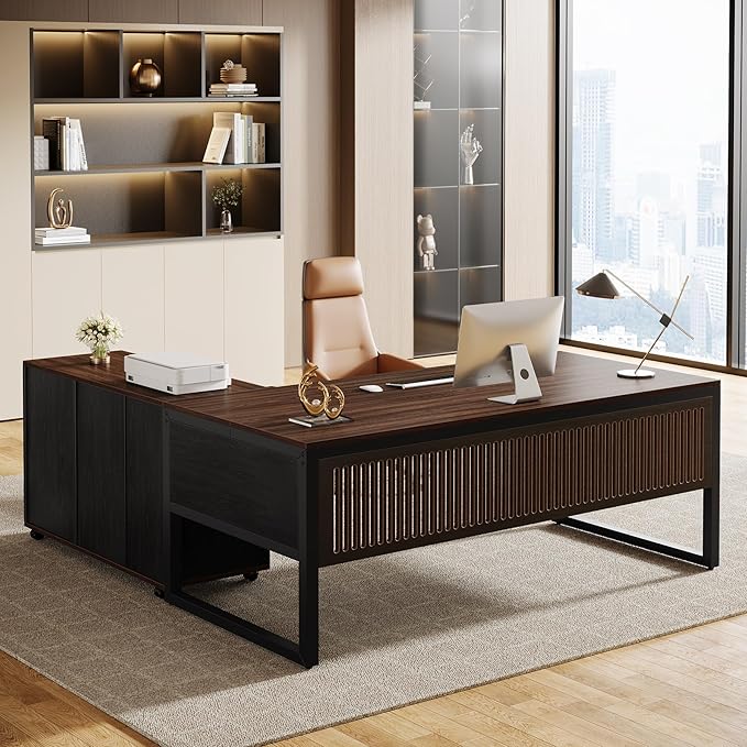 Tribesigns 63-Inch L-Shaped Executive Desk with Mobile File Cabinet Large Office Computer Desk Business Furniture Table with Drawers and Storage Shelves for Home Office Dark Walnut &amp Black