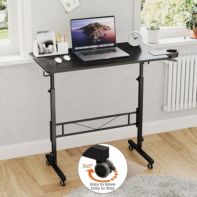 Hadulcet Small Standing Desk Adjustable Height Mobile Stand Up Desk with Wheels Portable Walking Pad Table Stand Rolling Laptop Cart for Standing or Sitting Black