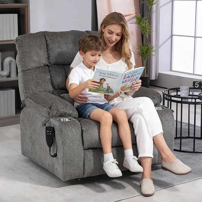 Oversized Power Lift Recliner Chair for Adult Elderly Dual Motor Lay Flat Electric Recliner with Massage &amp Heat 25.5 Wide Seat Big Tall Recliners for Living Room Bedroom Grey