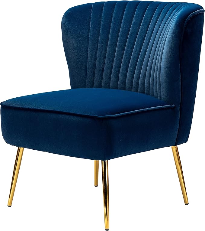 HULALA HOME Velvet Accent Chair Modern Upholstered Cute Side Chair with Gold Metal Legs Armless Wingback Slipper Chair Comfy Living Room Chair for Bedroom Guest Room VanityNavy