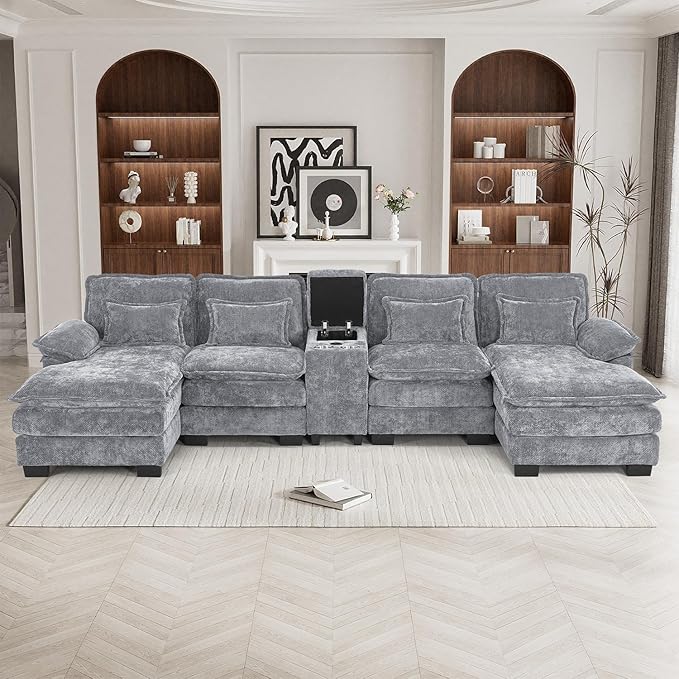 132 Oversized U Shaped Cloud Couch Modular Sectional Couches for Living Room Comfy Chenille Deep Seat Sofa Set with Double Chaise Lounge Storage Central Console Cup Holders USB Port Light Grey