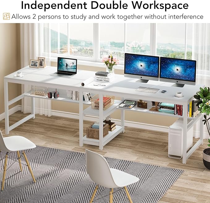 Tribesigns Two Person Desk with Bookshelf 78.7 Computer Office Double Desk for Two Person Rustic Writing Desk Workstation with Shelf for Home Office (White)