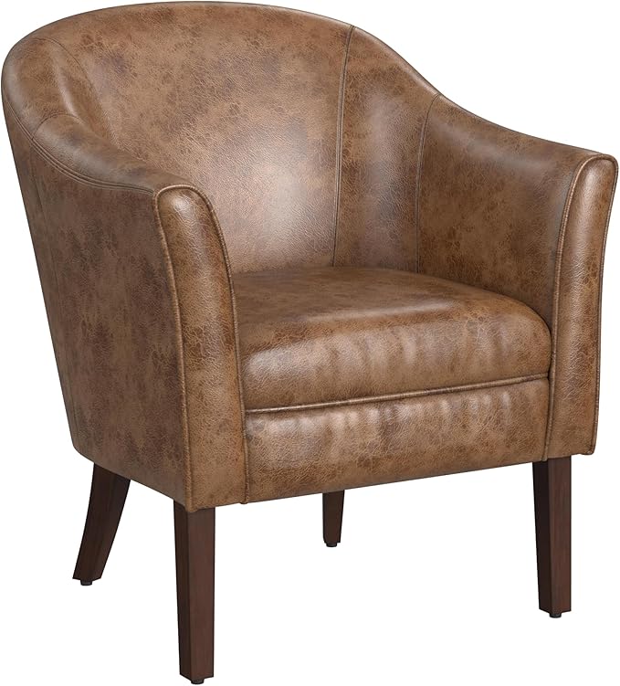 HomePop Modern Barrel Accent Chair Distressed Brown Faux Leather