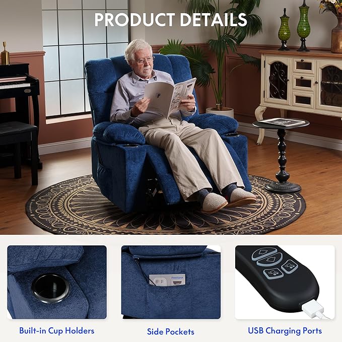 FLEXISPOT XL5 Dual OKIN Motor Power Lift Recliner Chair for Elderly Lay Flat Electric Recliner with Massage &amp Heat USB Ports Fabric Reclining Sofa for Living Room Bedroom Blue