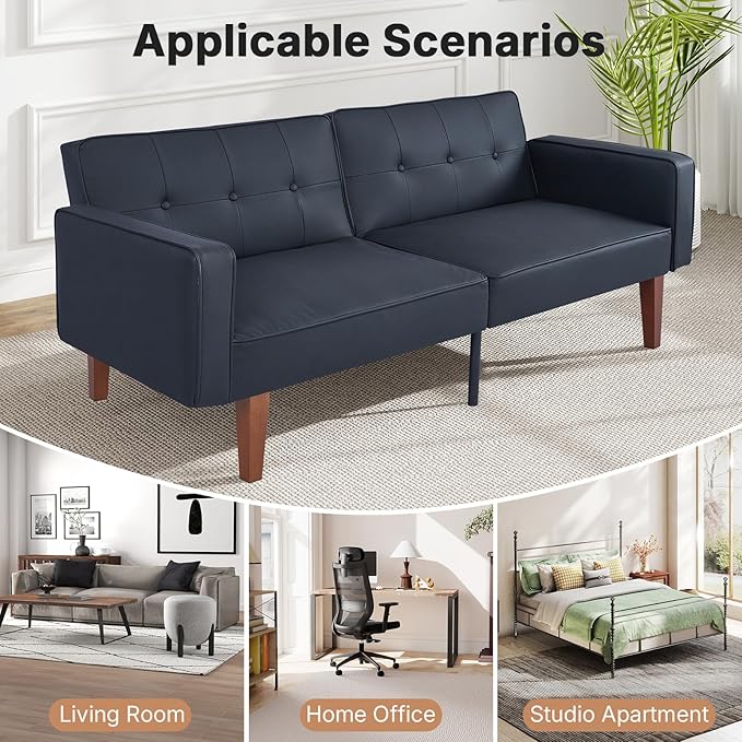 Futon Sofa Bed Leather Futon Couch Loveseat Convertible Recliner Lounge with Adjustable Backrest Foam and Spring Cushions for Living Room Apartment Office PU Leather Matte Black
