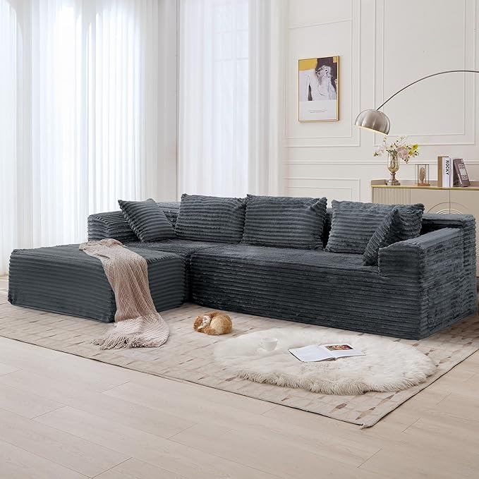 110 L-Shaped Modular Sectional Sofa with Chaise Boneless Comfy Corduroy Fluffy Couch with Deep Seat and Side Pockets Flexible Module Combination for Living Room No Assembly Side Pockets