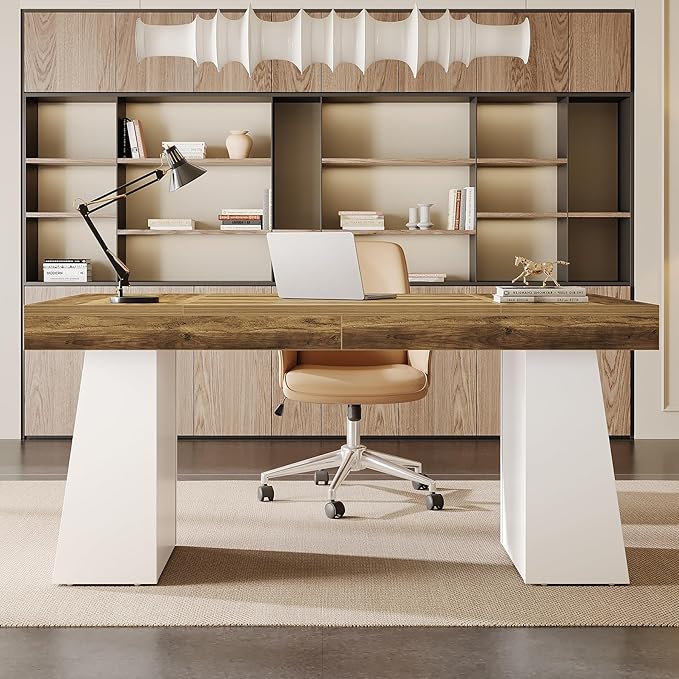 Tribesigns 55 Inches Executive Desk Mid-Century Modern Home Office Desk Wood Computer Table Business Workstation Small Conference Table White &amp Brown