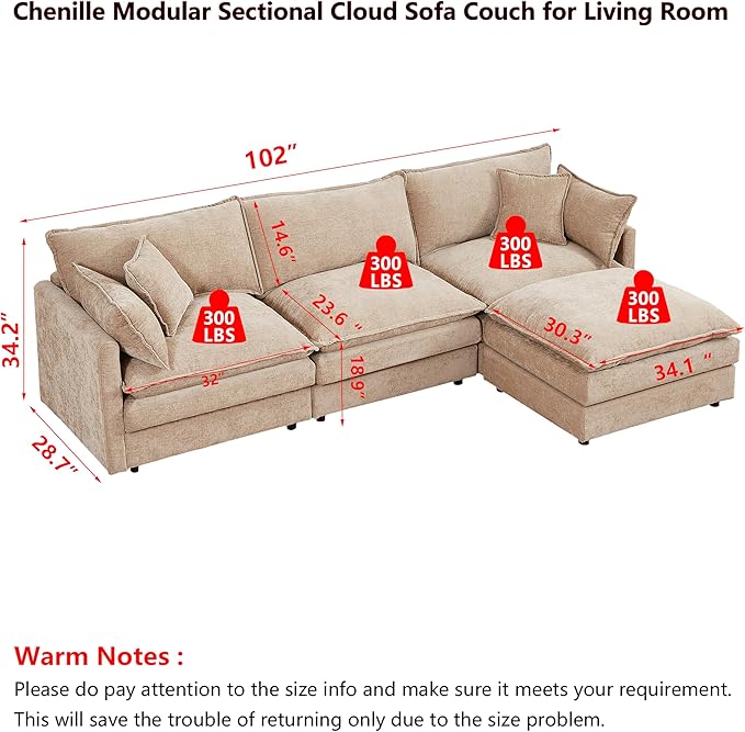 102 L-Shaped Sofa for Living RoomModular Sectional Cloud Sofa Couch with OttomanModern Chenille 3 Seater Sofas with Deep SeatSmall L Shaped Couches for Bedroom (Light Coffee 102)
