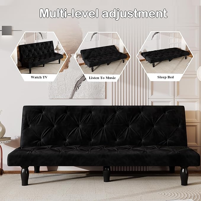 66 Black Velvet Futon Sofa Bed Sturdy Wood Frame &amp High-Elastic Foam 3 Adjustable Gears Multi-Functional for Living Room/Apartment/Bedroom Easy Assembly