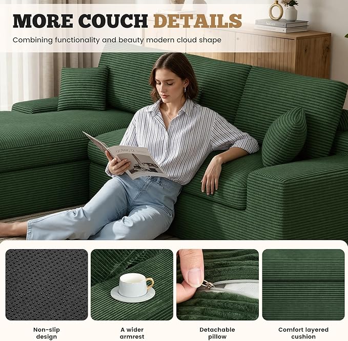 112 Modular Sectional Sofa for Living Room Convertible L-Shape Couch with OttomanCloud Boneless Couch with Layered CushionGreen Corduroy