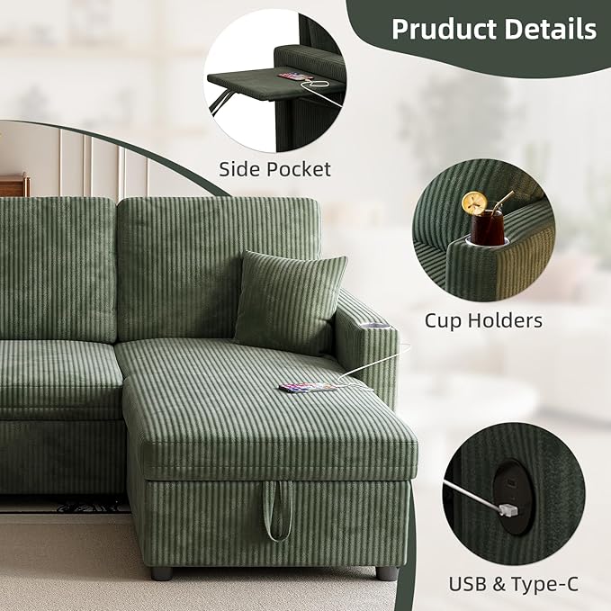 L-Shape Sleeper Sofa with Storage &amp Ports Pull-Out Couch Bed with Cup Holders Side Pockets &amp Side Table for Living Room Apartment Green