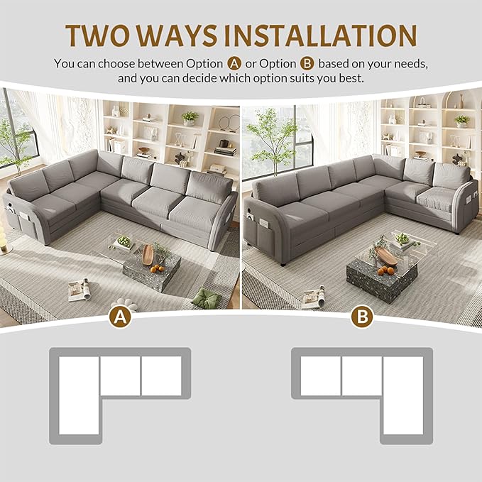 GNIXUU 115.2 L Shaped Couch with Pull Out Bed Convertible Sectional Sleeper Sofa with USB Port &amp Side Pockets 6 Seat Oversized Modular Teddy Cloud Couches for Living Room Apartment Light Gray