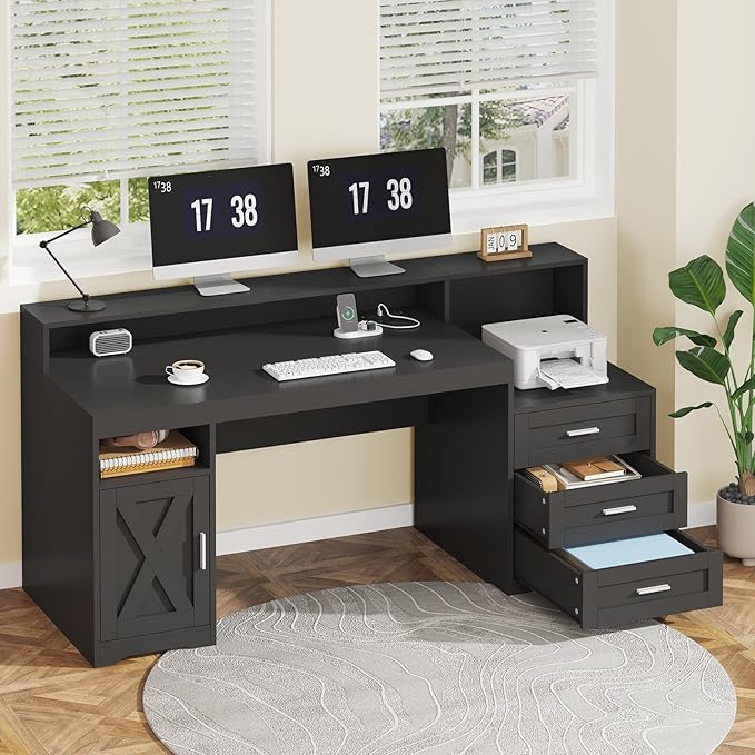 TVU Farmhouse Computer Desk with Drawers 65'' Home Office Desk with Power Outlets Storage Cabinet and Printer Stand Study Writing Desks with Long Monitor Stand Black