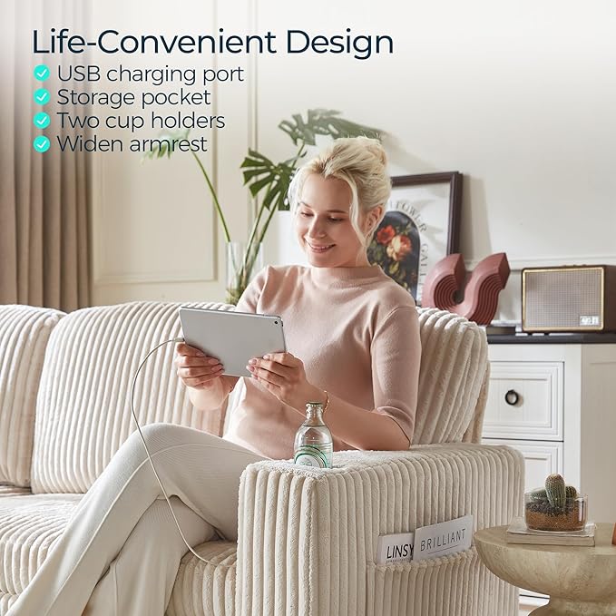 LINSY HOME Sectional Sleeper Sofa with Pull Out Couch Bed for Living Room (Beige) | Plush Corduroy Storage Ottoman Storage Chaise Pull Out Couch USB Charging
