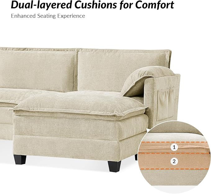 EcoHarbor 108 Modular Sectional Sofa for Living Room Modern 4 Seat L Shaped Cloud Couch with Elephant Ears Armrests Comfy Dual-Layer Cushions Deep Seat &amp Side Storage Pockets Beige