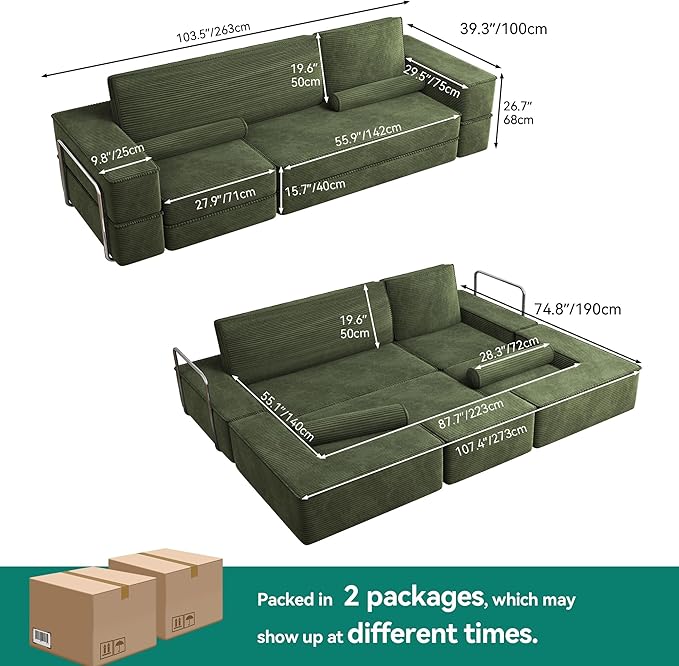 DWVO 103 Boneless Couch Convertible Sofa with Deep Seats &amp Tall Pillows Sectional Couches for Living Room Easy-Clean Design