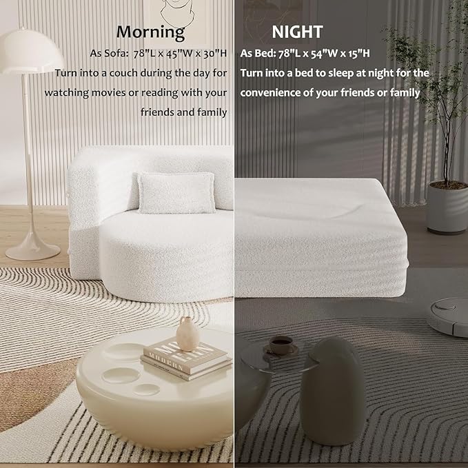 Modern Floor Sofa 78 Convertible Folding Sofa Bed with 2 Pillow Teddy Fabric Foam-Filled Mattress Sleeper for Living Room Guest Bed Playroom No Assembly Required Beige