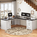 SEDETA Farmhouse 69 Executive L Shaped Desk Home Office Desk with Drawers and Storage Cabinet &amp Power Outlet Corner Computer Desk White