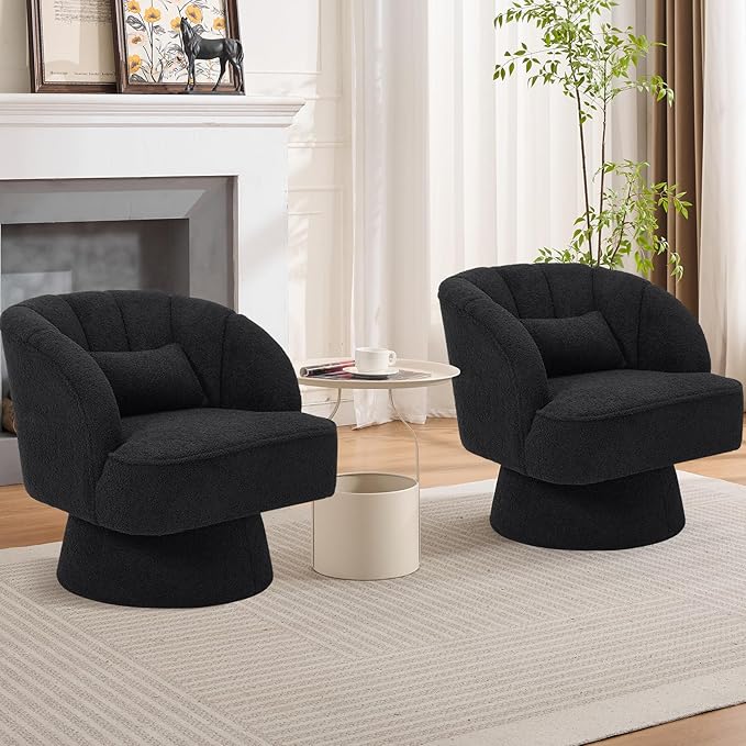 Modern 360° Swivel Barrel Accent Chair Teddy Fleece Upholstered Armchair with Soft Pillow Lounge Wide Upholstered Round Reading Chair Single Sofa Seatin for Living RoomBedroomVanity(Black)