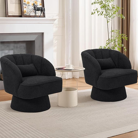 Garvee Ultra-Plush Swivel Accent Chair 360° Barrel Lounge Chair with Cloud-Like Padding &amp Modern Striped Backrest Teddy Fleece Upholstered Round Armchair for Living Bedroom Reading Nook - Black
