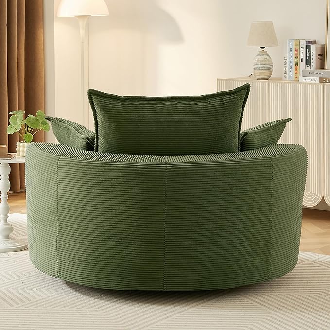 360° Swivel Accent Chair 57.5 Round Barrel Chair with Dual-Layer Cushion &amp 3 Removable Pillows for Living Room Bedroom Office Hotel Green