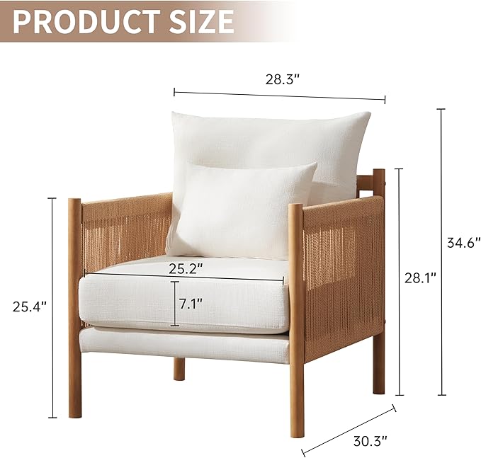 VKNOW Braid Armchair Boho Accent Chair Set of 2 with Solid Wooden Backrest and Armrest Rattan Chair with Waist Pillow for BedroomLiving RoomReading Room White