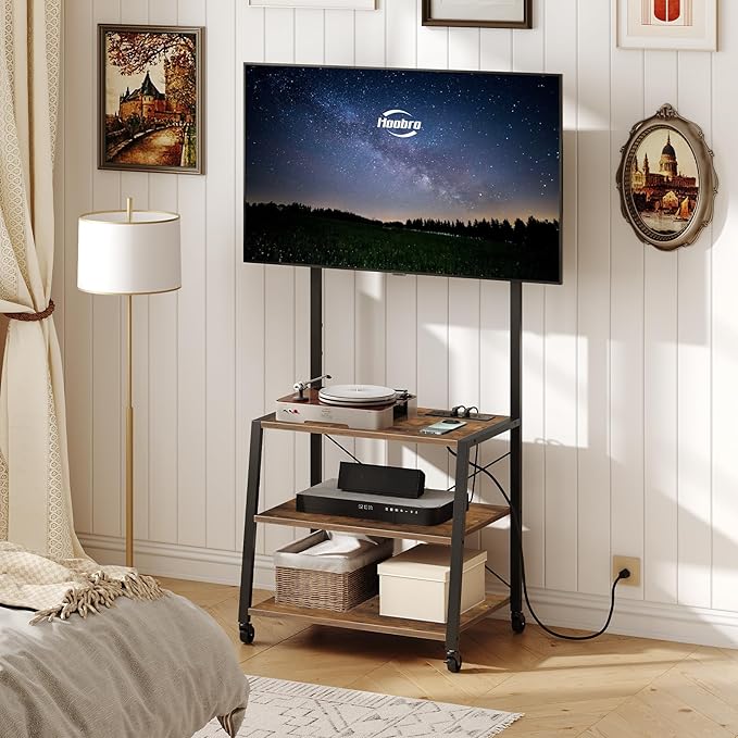 HOOBRO Rolling TV Stand with Mount and Power Outlet Up to 55 inch TV Corner Entertainment Center Small TV Stand with 3-Tier Storage Shelves for Living Room Bedroom Rustic Brown and Black BF66UDS01