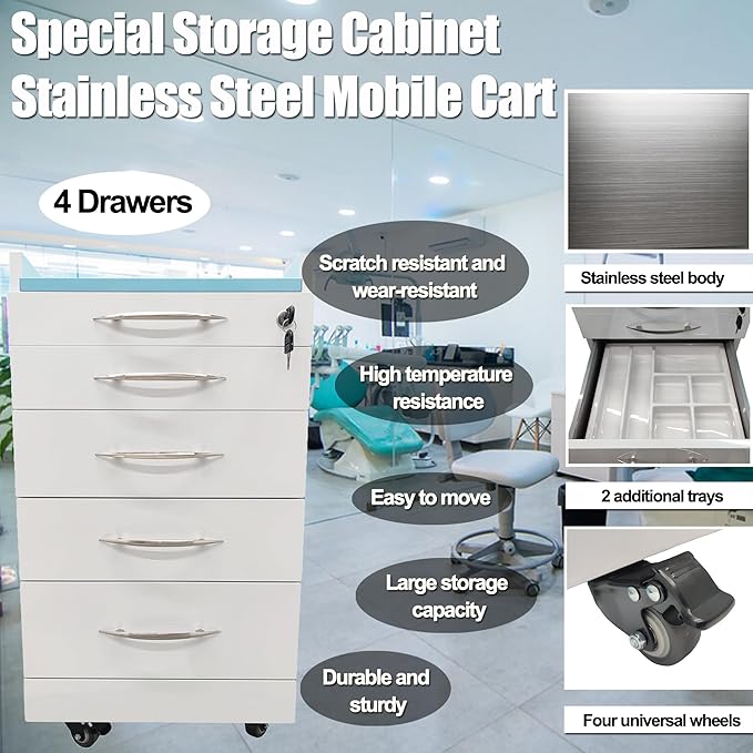 Storage Cabinet Office Mobile File Cabinet 4 Drawers Utility Mobile Lockable Cabinet Stainless Steel Moving Side Cabinet Portable Storage Device with Brake Wheels and 2 Divider Brackets