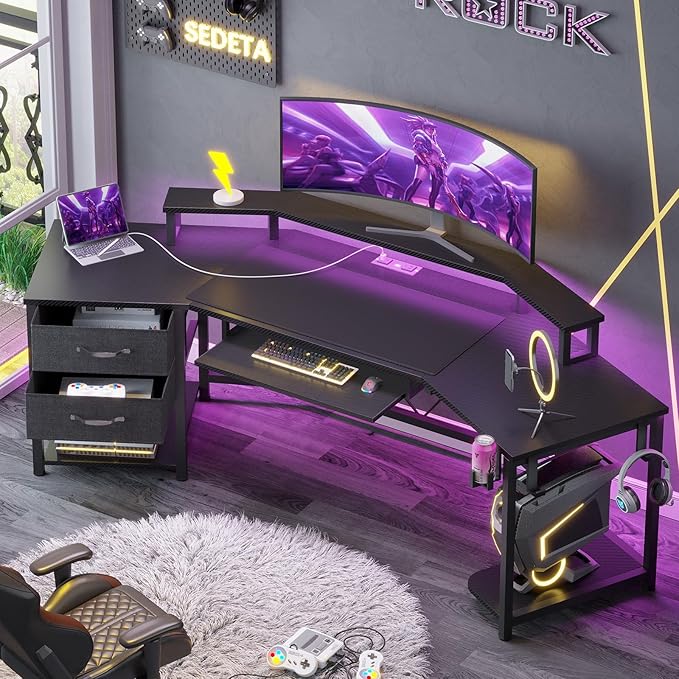 SEDETA 79 Gaming Desk Computer Desk with 2 Fabric Drawers &amp LED Light L Shaped Gaming Desk with Storage Shelf for Home Office Carbon Fiber Black