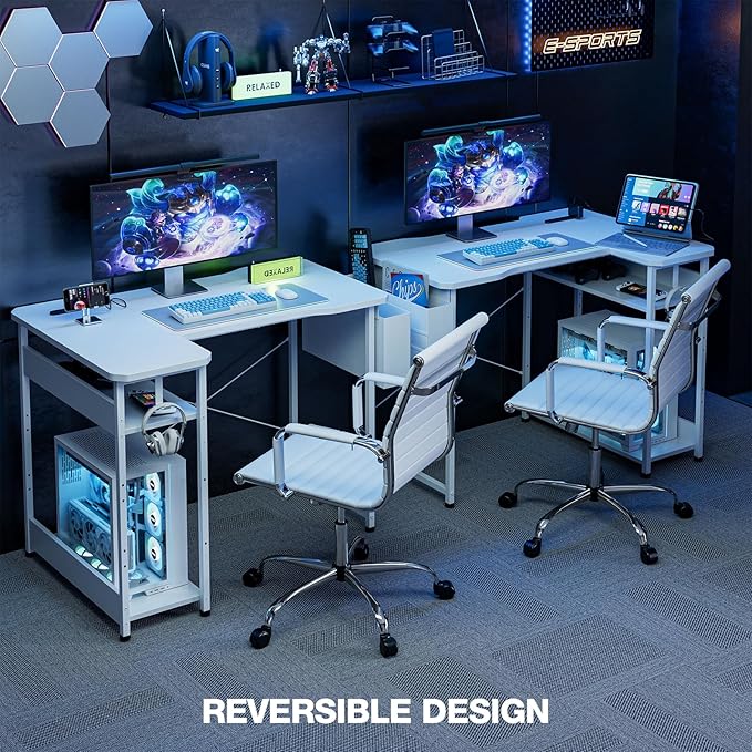 L Shaped Gaming Desk 48 Inch - Computer Corner Desk with Power Outlets Reversible Shelves &amp Storage Bag for Home Office PC Gaming Table White Carbon
