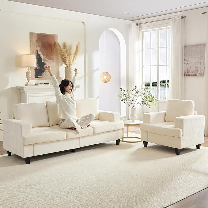 PUREMIND 2 Piece Living Room Sofa Set Chenille Upholstery 3 Seater Couch and Armchair Set Solid Wood Frame Modern Sectional Couches for Living Room Office Apartment
