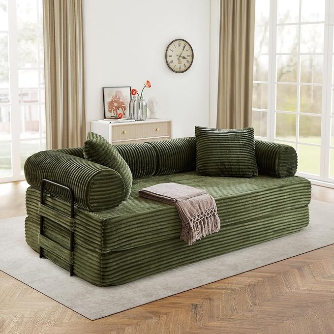 Modular Couch Bed Convertible Folding Plush Corduroy Comfy Floor Memory Foam Compression Loveseat Sleeper Sofa Couch King Size Bed for Guest Room Living Room Bedroom No Assembly Required Green