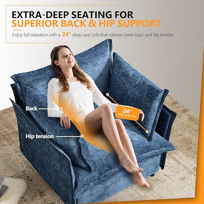 VINGLI Blue Accent Chair 34 Width Oversized Reading Chair Upholstered Armchair Soft Chenille Fabric Living Room Chairs Sofa for Adults Bedroom Home Office Play Room
