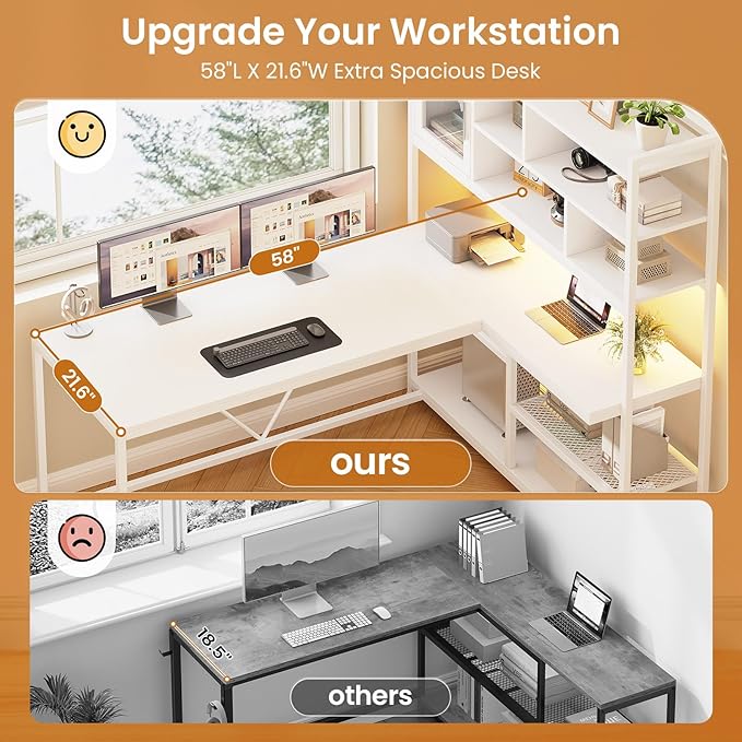 SEDETA L Shaped Computer Desk 58'' Office Desk with LED Light and Bookshelf L Shaped Corner Desk with Storage Shelves for Home Office Gaming Desk L Desk White